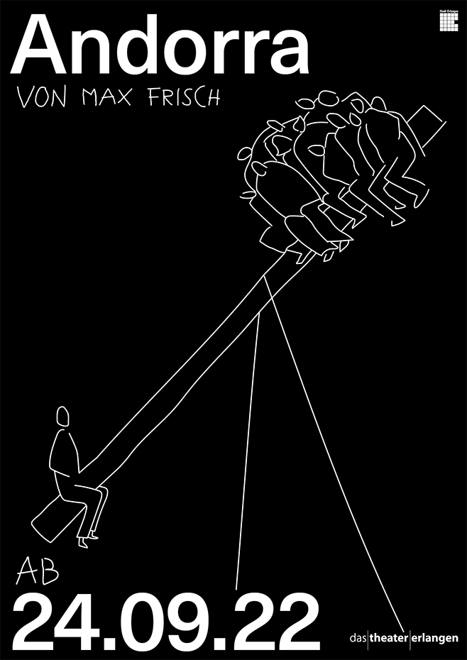 Poster von Andorra, ein Mensch sitzt links unten auf Wippe während ganz viele Menschen auf der anderen Seite sitzen.