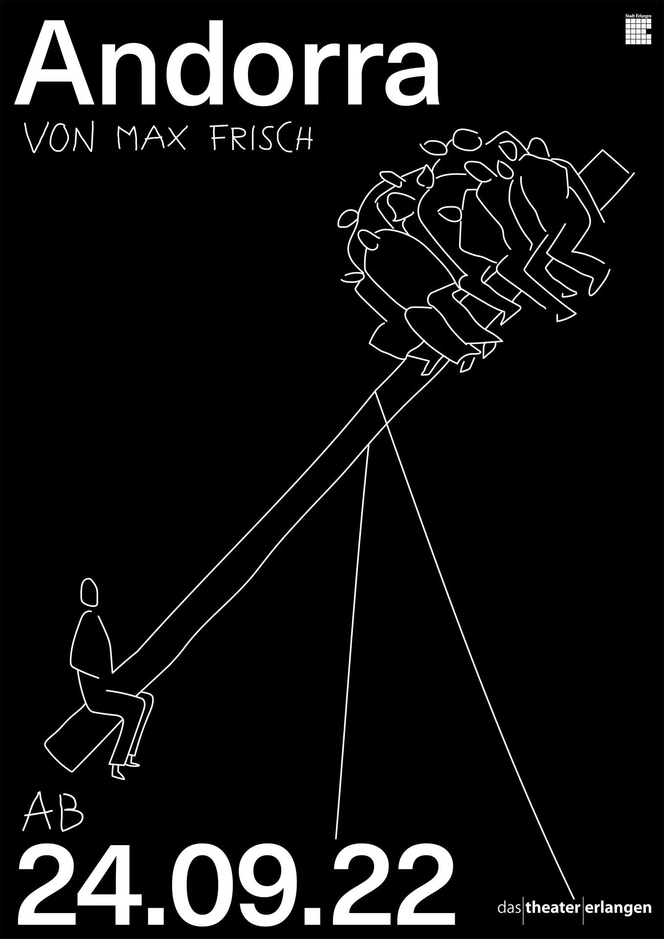 Poster von Andorra, ein Mensch sitzt links unten auf Wippe während ganz viele Menschen auf der anderen Seite sitzen.